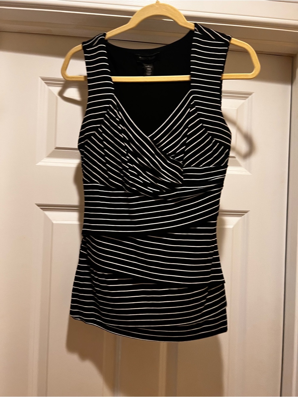 White House Black Market Black and White Striped V-Neck Sleeveless Tank